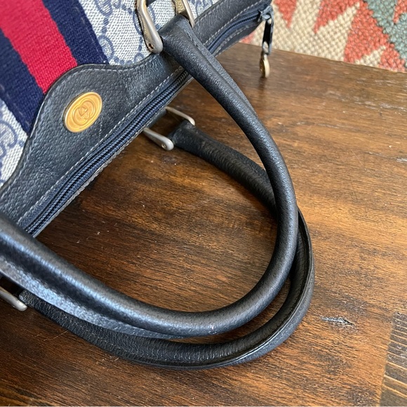 GUCCI Web Sherry Line Navy Boston Bag With Authenticity Cert - Picture 11 of 17